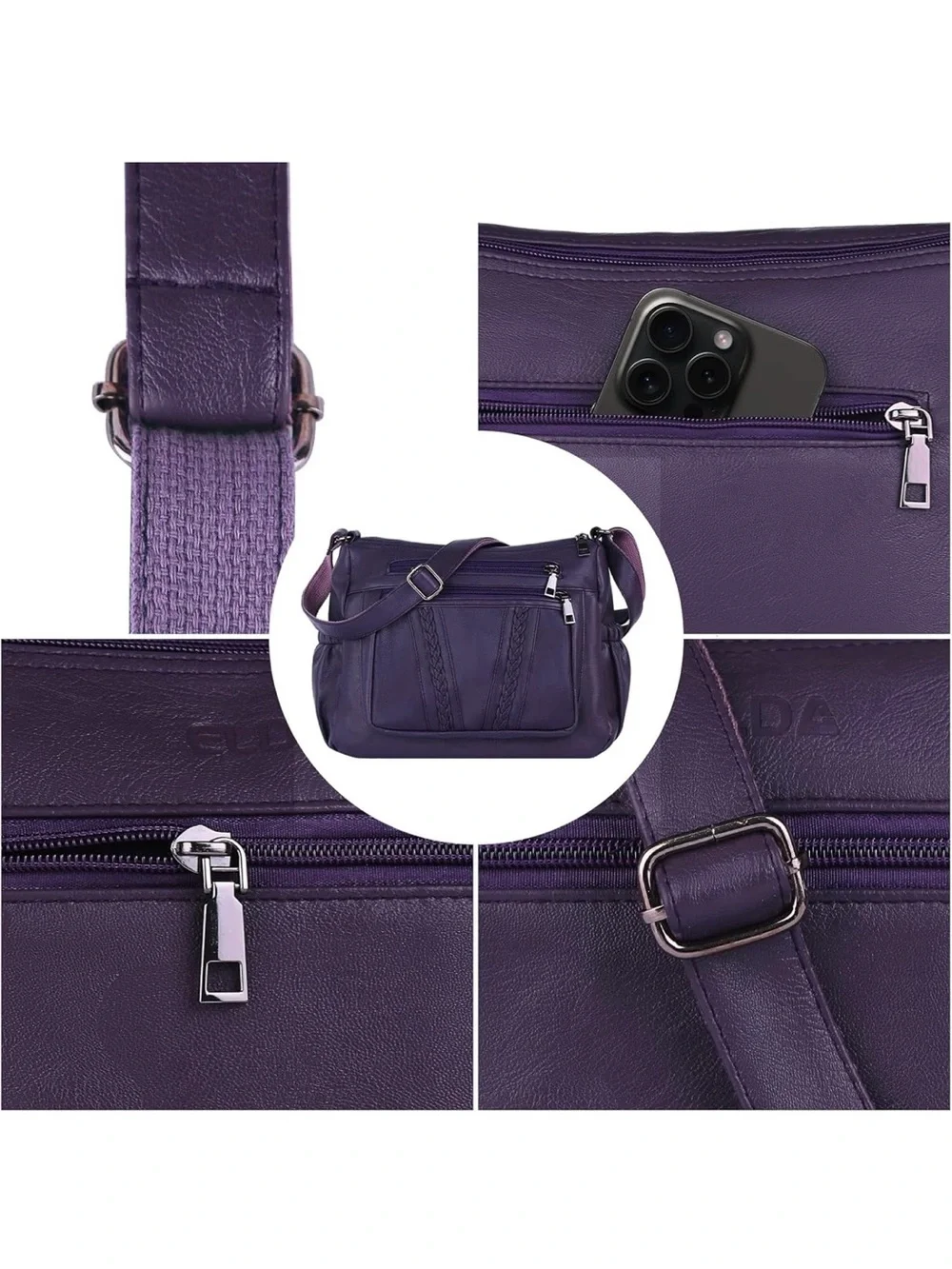 ELDA Purple Faux Leather Multi-Pocket Crossbody Bag Shoulder Purse